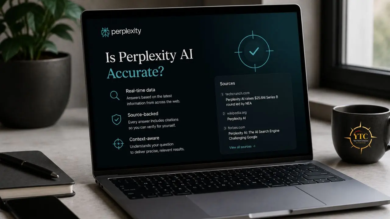 Laptop displaying "Is Perplexity AI Accurate?" with features and sources listed, next to a mug.