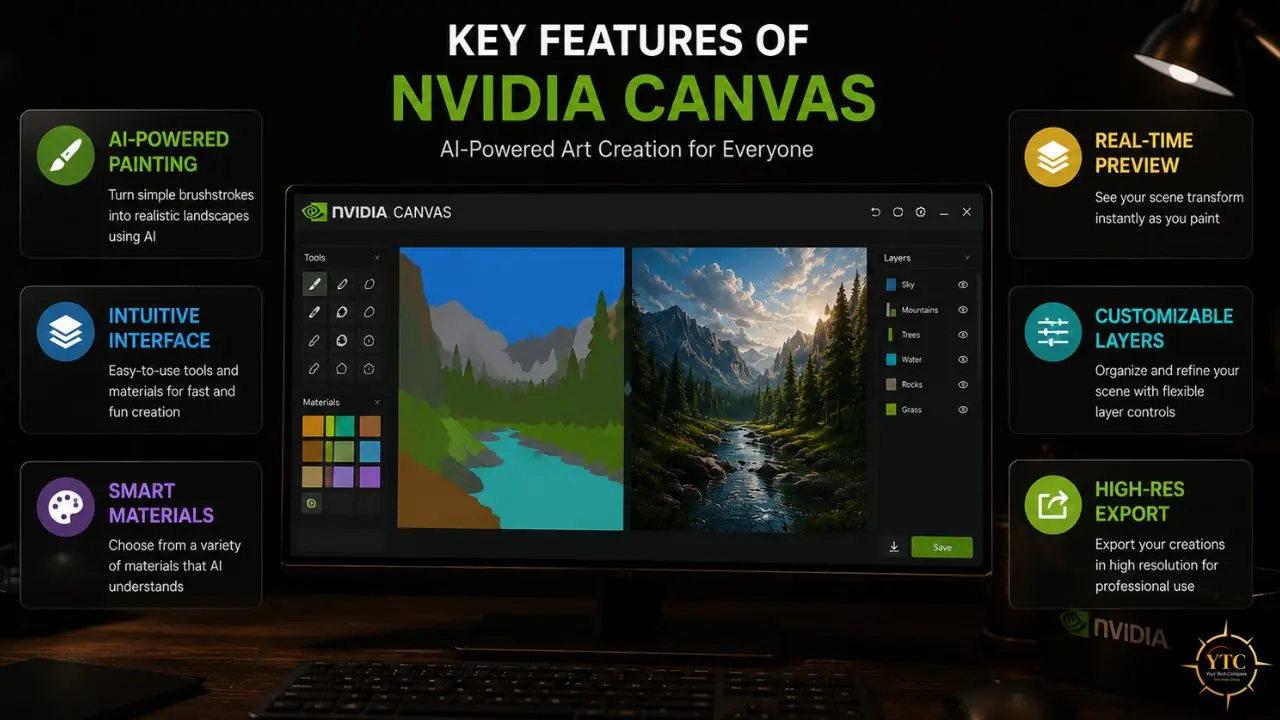 NVIDIA Canvas software interface shown on a computer monitor, demonstrating AI-powered landscape creation with a side-by-side comparison of a simplified sketch and a realistic rendered scene.