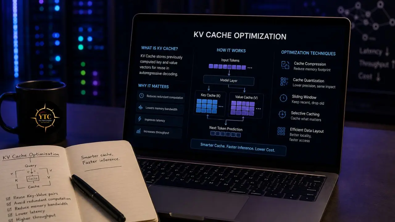 A laptop displays a presentation on KV Cache Optimization, next to a notebook with diagrams and a coffee mug.