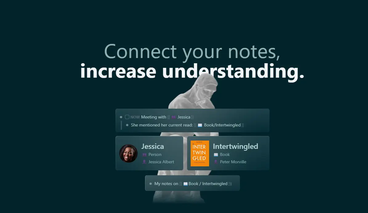Screenshot of a digital interface showing a meeting note with Jessica and her current read, "Intertwingled" book.