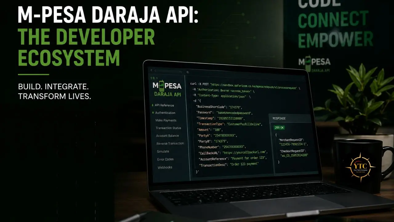 Laptop displaying M-Pesa Daraja API code and documentation next to a mug.