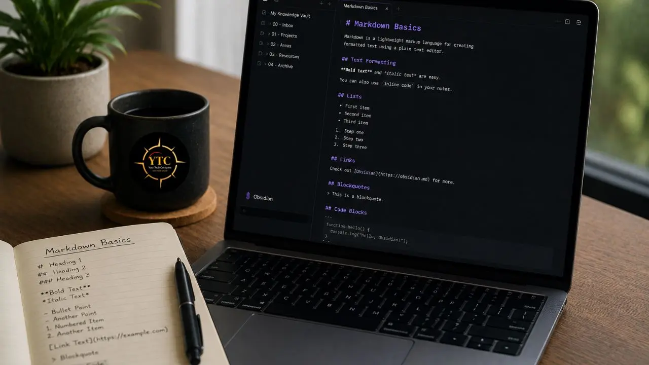 Laptop displaying Markdown basics documentation next to a notebook and mug on a wooden desk.