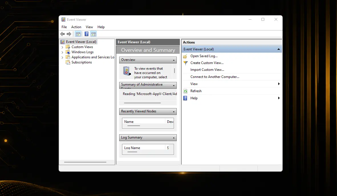 Screenshot of Windows Event Viewer showing the Overview and Summary pane and Actions menu.
