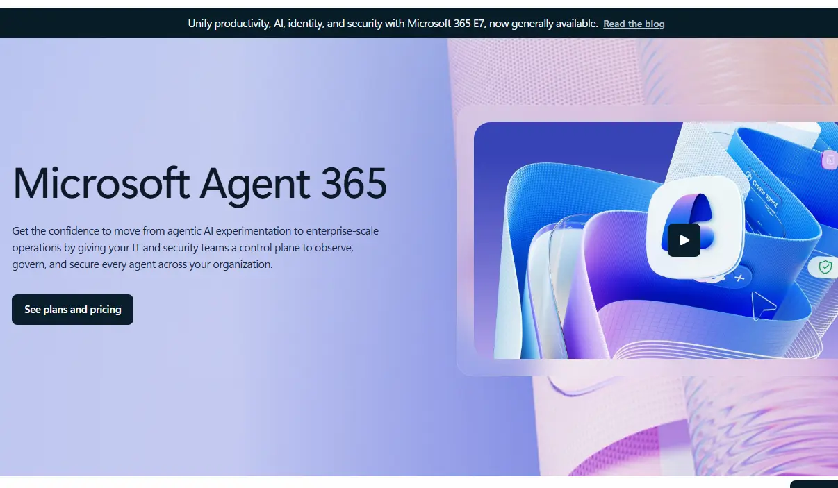 Microsoft Agent 365 landing page with abstract blue and purple graphics and a play button overlay.