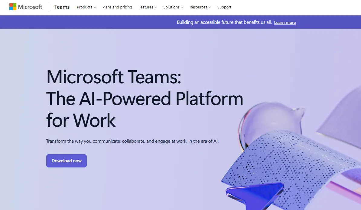 Microsoft Teams website landing page with the headline "Microsoft Teams: The AI-Powered Platform for Work" and a "Download now" button.