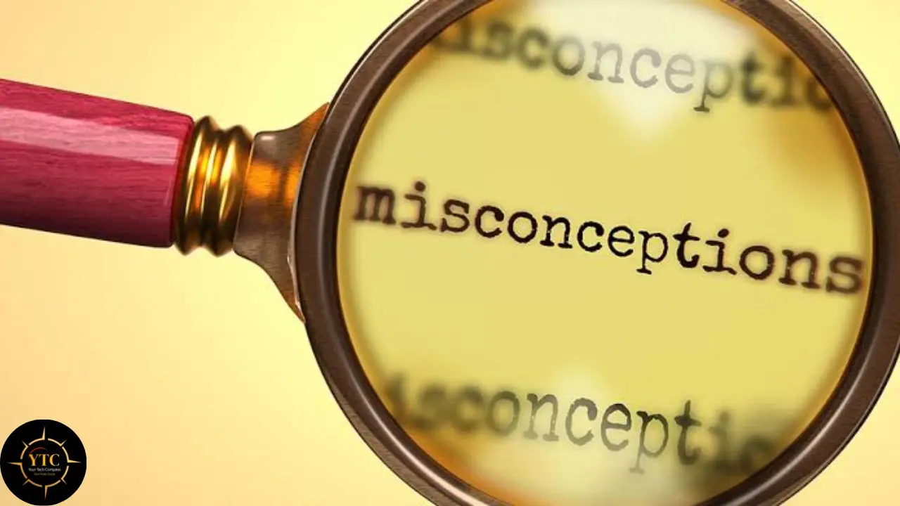 Magnifying glass on yellow paper showing the word "misconceptions" in large print.