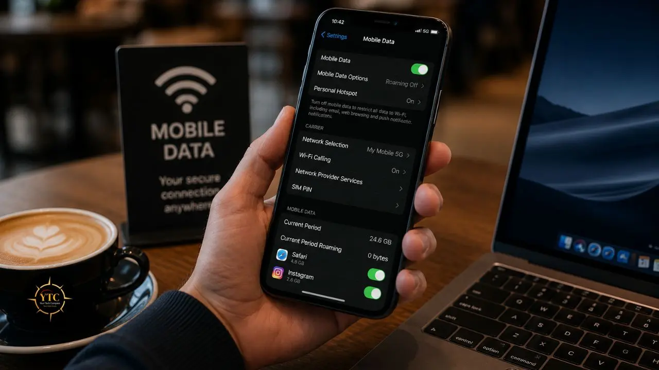 Person holding an iPhone displaying mobile data settings, with a coffee and laptop nearby.