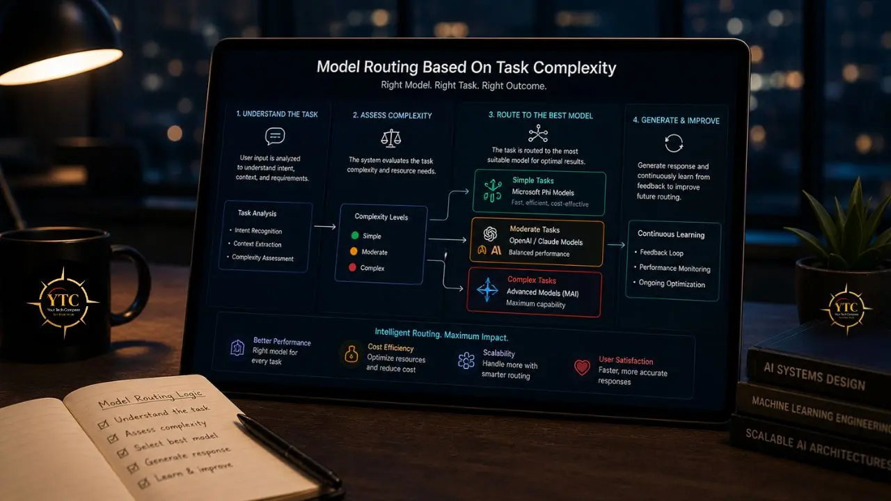 A tablet displays a flowchart illustrating "Model Routing Based On Task Complexity," outlining steps from understanding the task to generating and improving responses, with a notebook and coffee mug in the foreground.