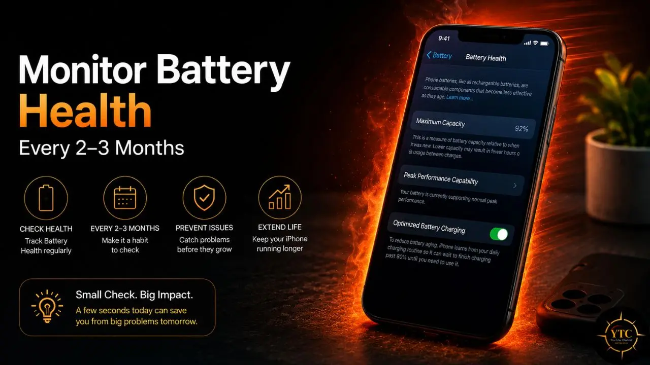 iPhone screen displaying battery health settings with text overlay advising to monitor battery health every 2-3 months.