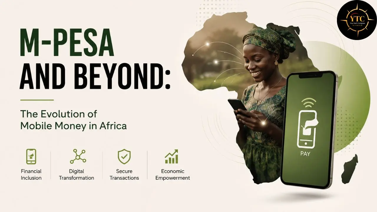 A graphic illustrating M-Pesa and the evolution of mobile money in Africa, featuring a smiling woman using a smartphone and icons for financial inclusion, digital transformation, secure transactions, and economic empowerment.