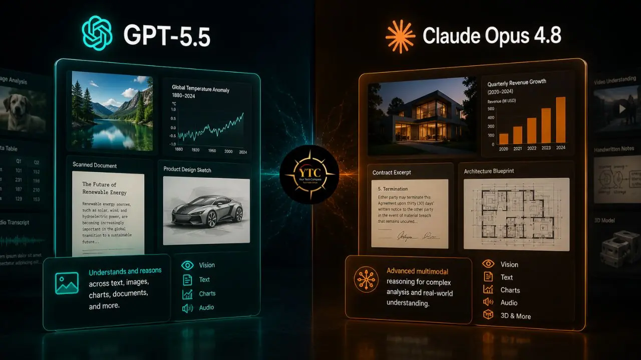 Comparison of GPT-5.5 and Claude Opus 4.8 AI capabilities, showcasing their multimodal understanding of text, images, charts, and documents.