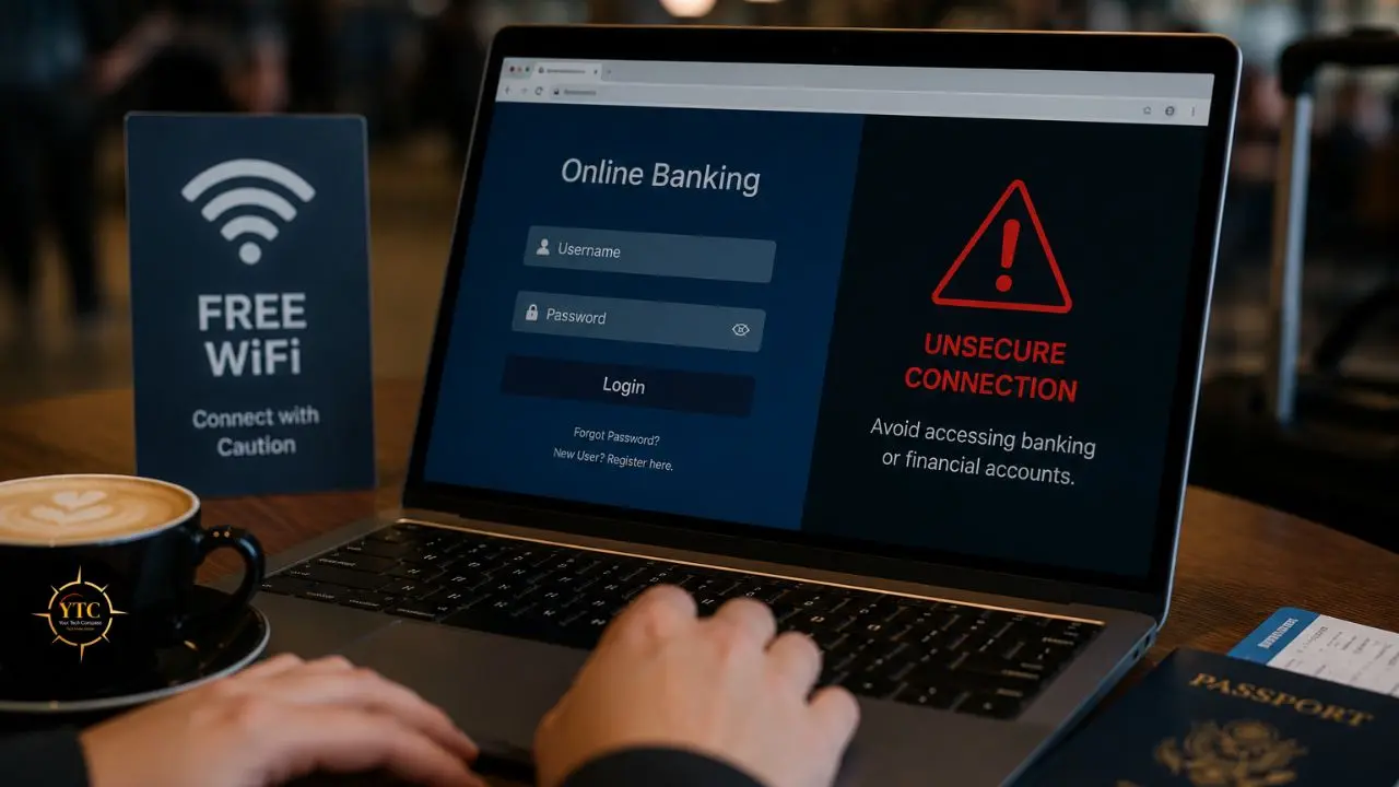 Person logs into online banking on a laptop with an "Unsecure Connection" warning near a "Free WiFi" sign.