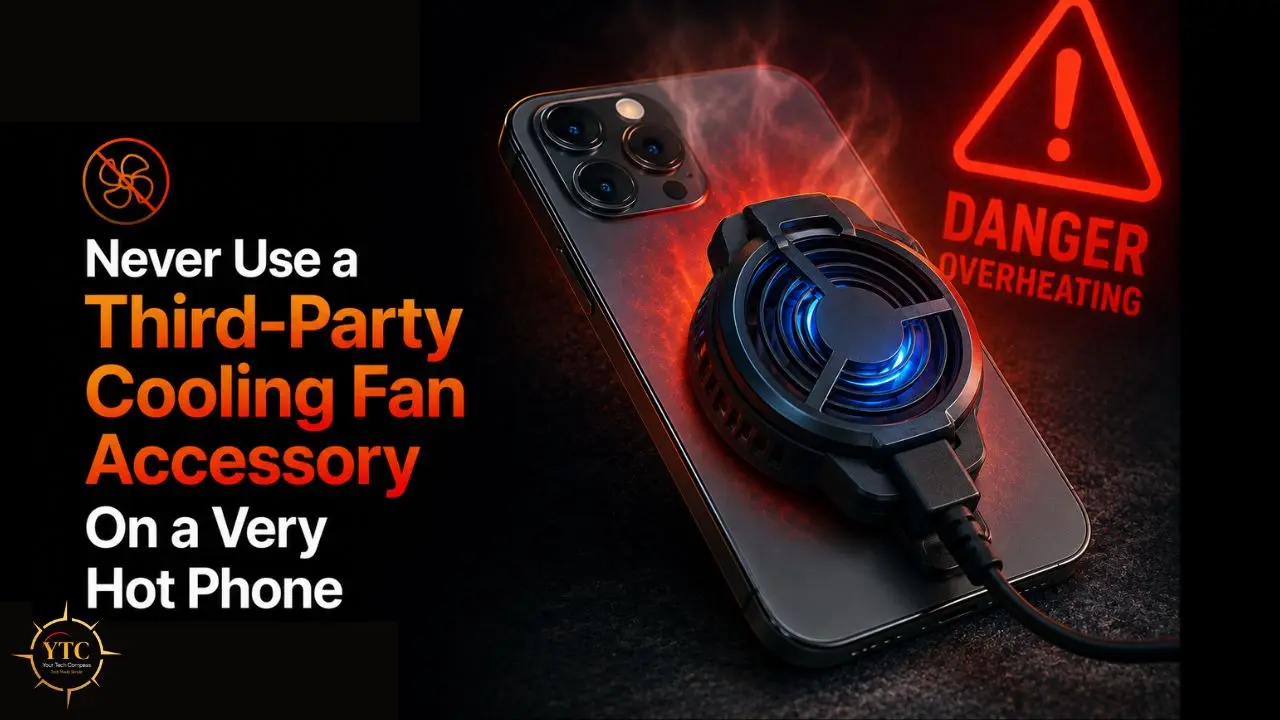 Smartphone with a cooling fan accessory attached, surrounded by heat and a danger warning for overheating.