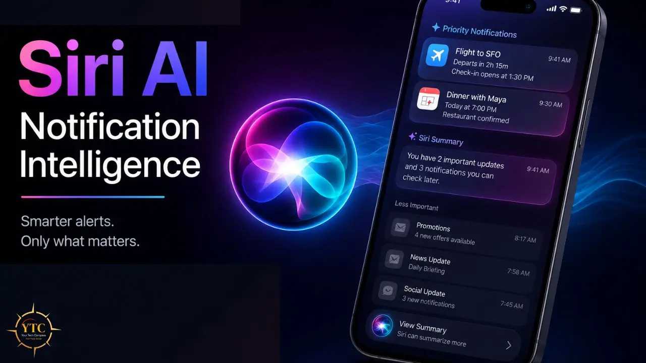 Illustration of Siri AI notification intelligence on a phone screen with a glowing Siri logo.