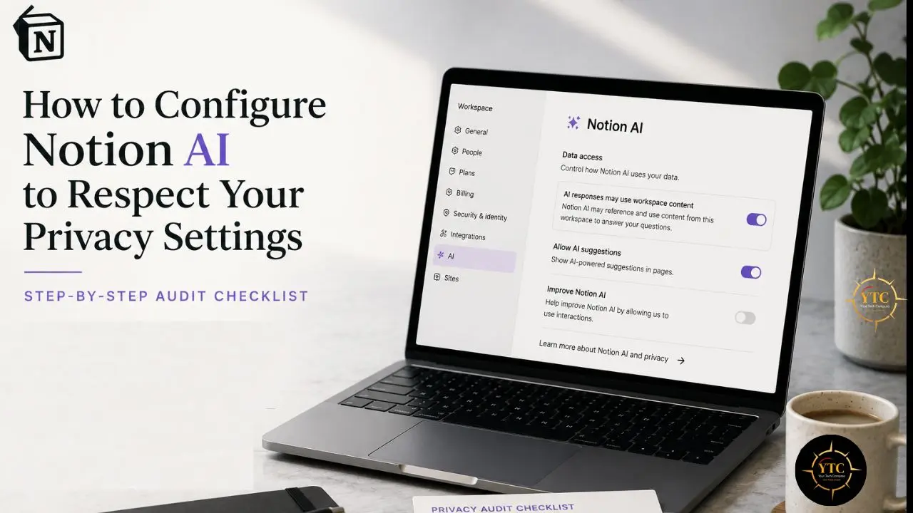 Laptop screen displays Notion AI settings for controlling data access and AI suggestions within a privacy audit checklist.