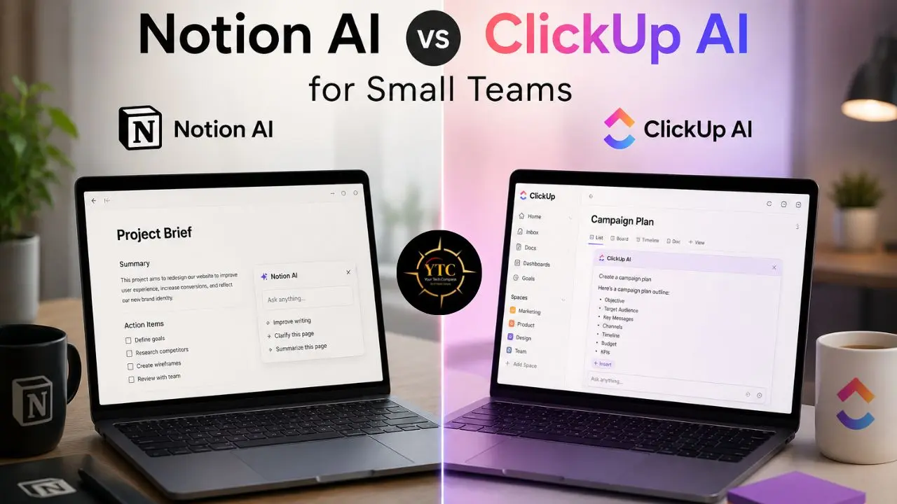 Comparison of Notion AI and ClickUp AI interfaces on two laptops, highlighting project briefs and campaign plans.