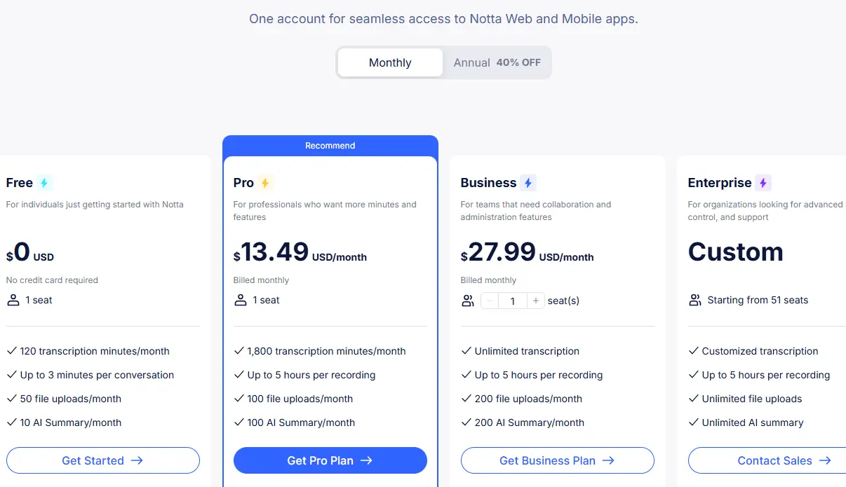 Notta pricing plans include Free, Pro at $13.49/month, Business at $27.99/month, and Custom Enterprise.