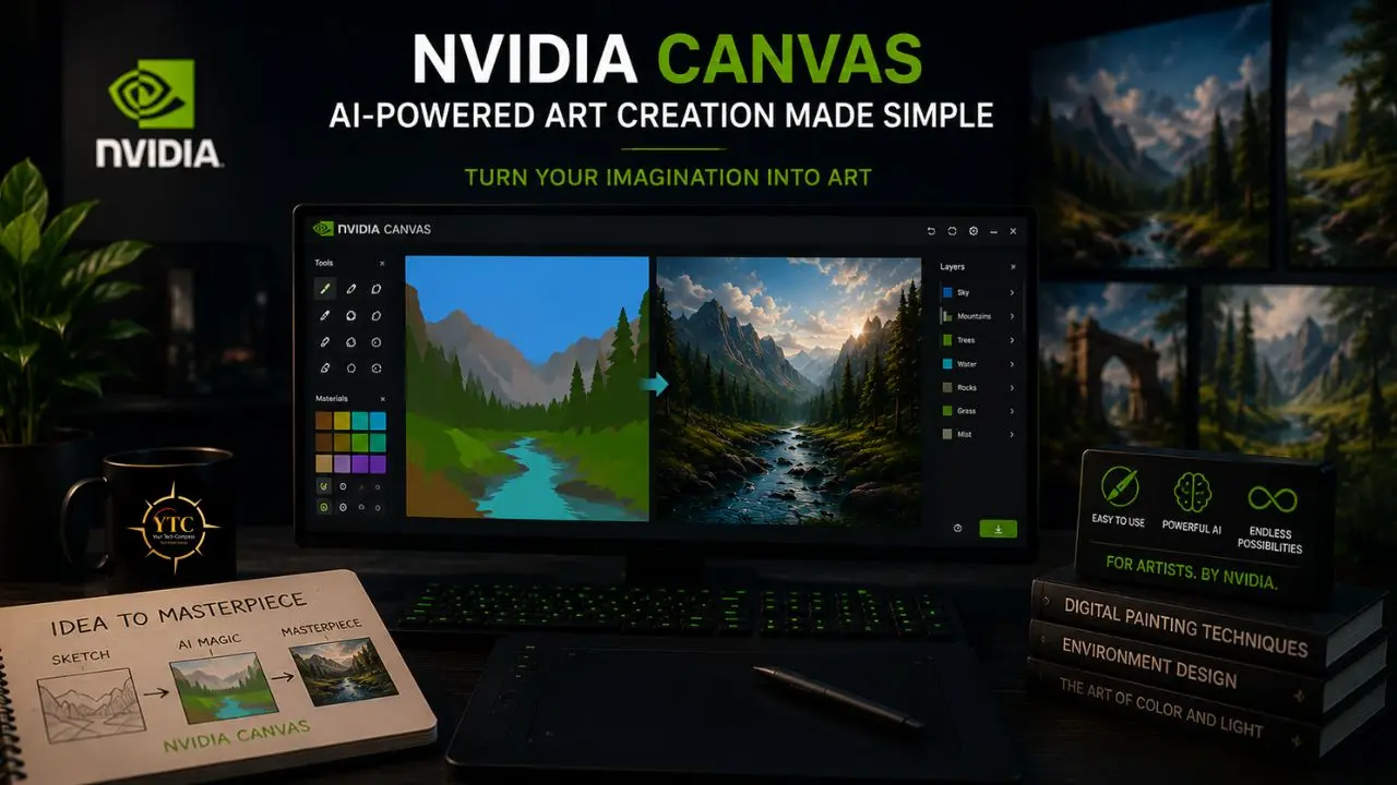 NVIDIA Canvas software is showcased on a computer screen, displaying a progression from a simple sketch to a detailed landscape, alongside art books and drawing tablet.