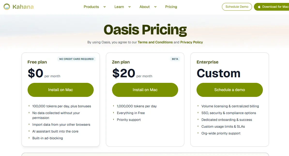 Kahana Oasis pricing page displays Free, Zen ($20/month), and Custom Enterprise plans with their respective features and call-to-action buttons.