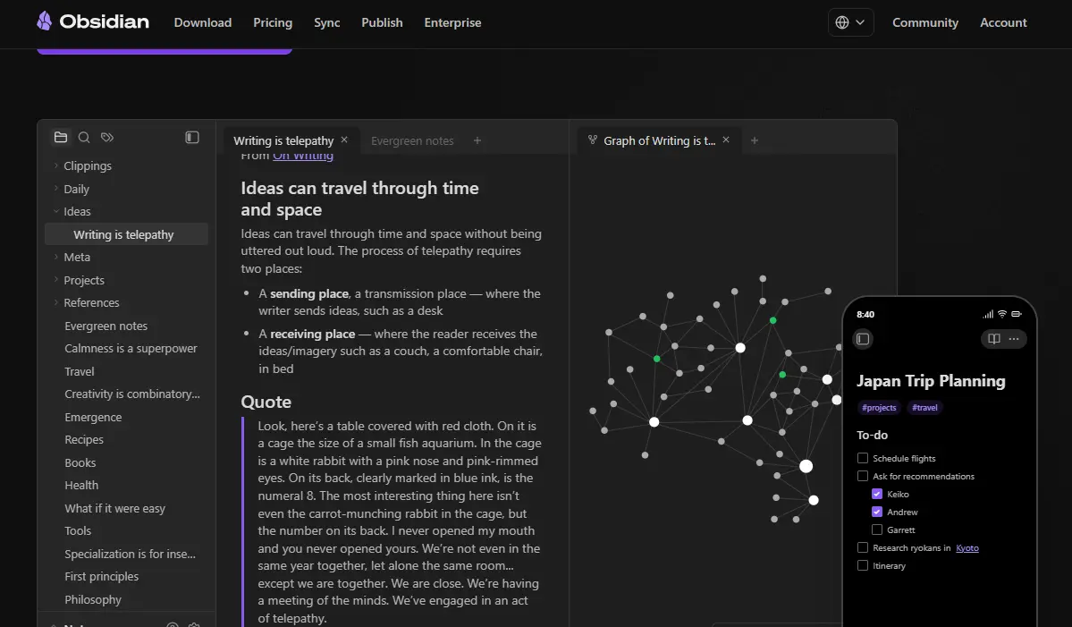 Obsidian app displaying a note titled "Ideas can travel through time and space" next to a graph and a phone screen showing "Japan Trip Planning".