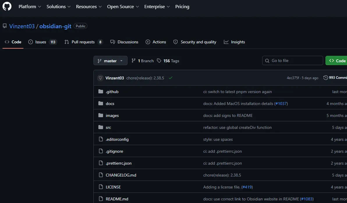 GitHub repository for obsidian-git showing file list and recent commit information.