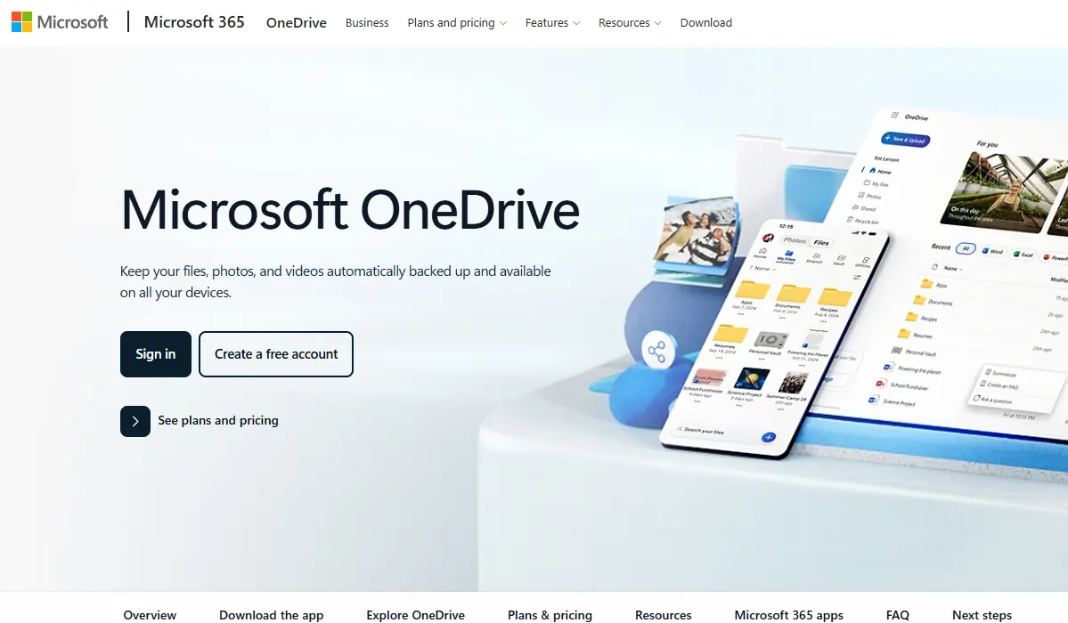 Microsoft OneDrive website homepage displays its logo, tagline, and calls to action with mockups of the service on a phone and tablet.