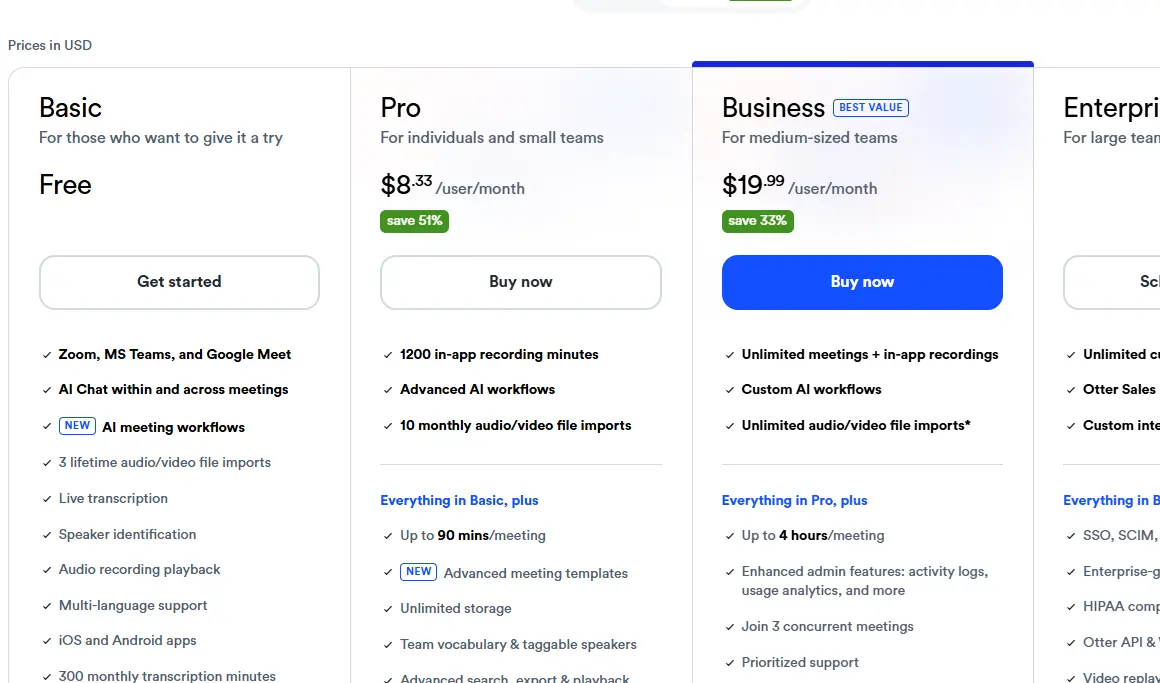 Pricing comparison chart showing Free Basic, Pro, and Business plans with features and costs.
