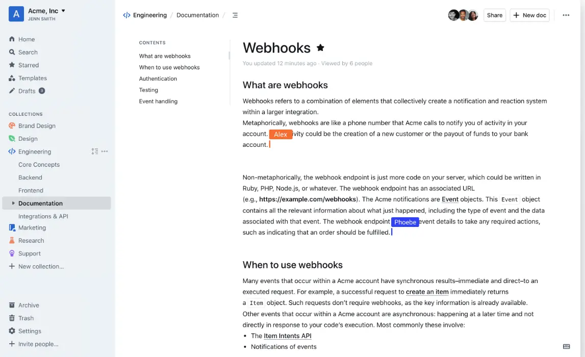 Screen showing Outline's web page with documentation about webhooks on Acme, Inc.'s engineering portal.