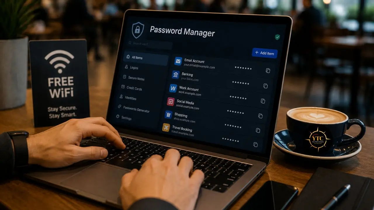 Hands type on a laptop displaying a password manager interface, with a "Free WiFi" sign and a cup of coffee nearby.