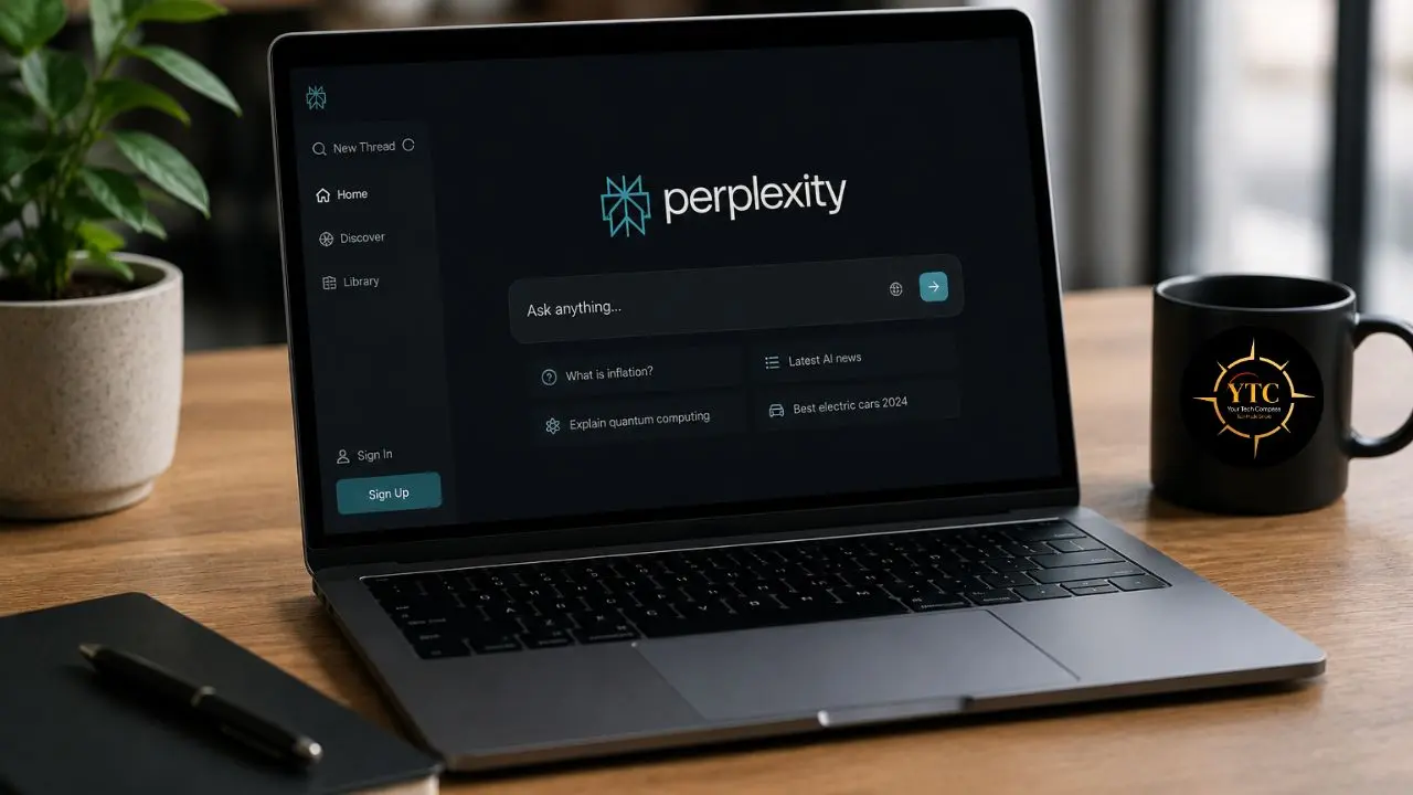 Laptop displaying the Perplexity AI interface with a search bar, sample questions, and navigation options, next to a coffee mug.