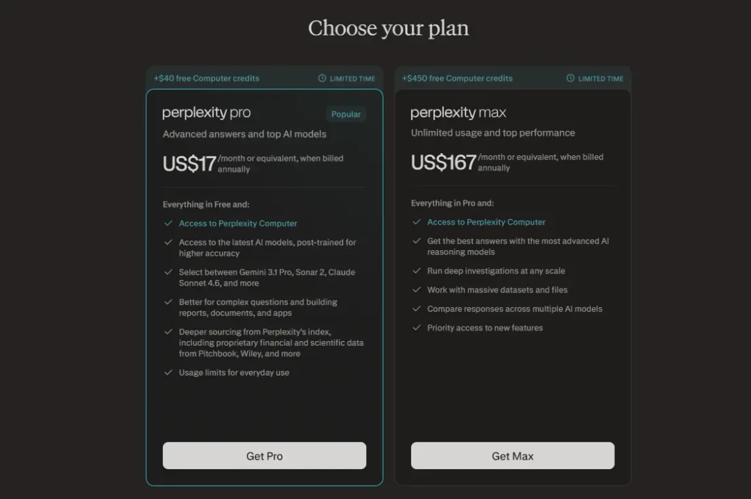 Two Perplexity plan comparison cards titled "perplexity pro" and "perplexity max," showing pricing and features.