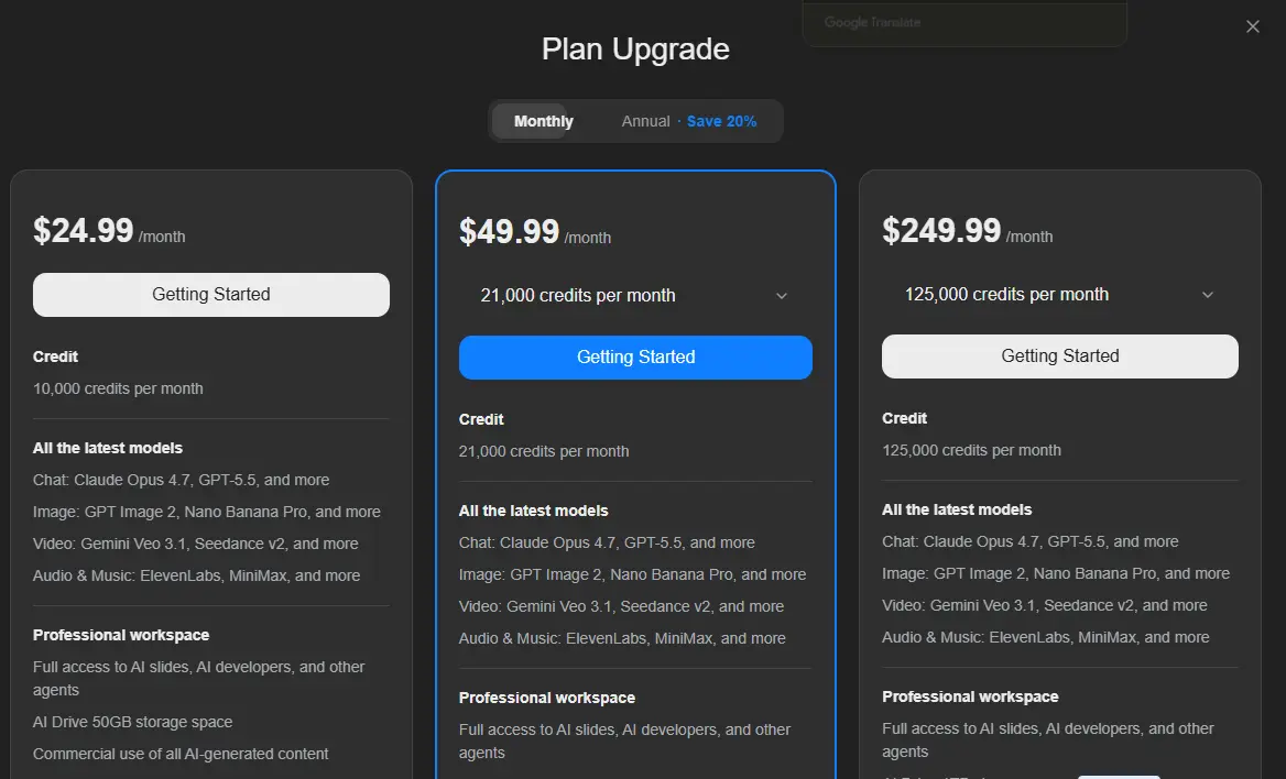 Three AI plan upgrade options are displayed with monthly pricing of $24.99, $49.99, and $249.99, each offering different credit amounts and features.