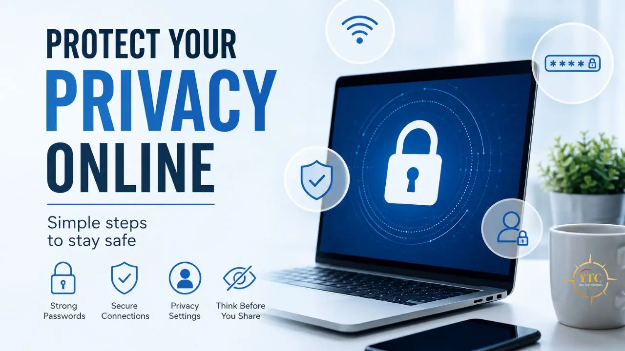 Laptop screen displaying "PROTECT YOUR PRIVACY ONLINE" with security icons and text emphasizing safe online practices.