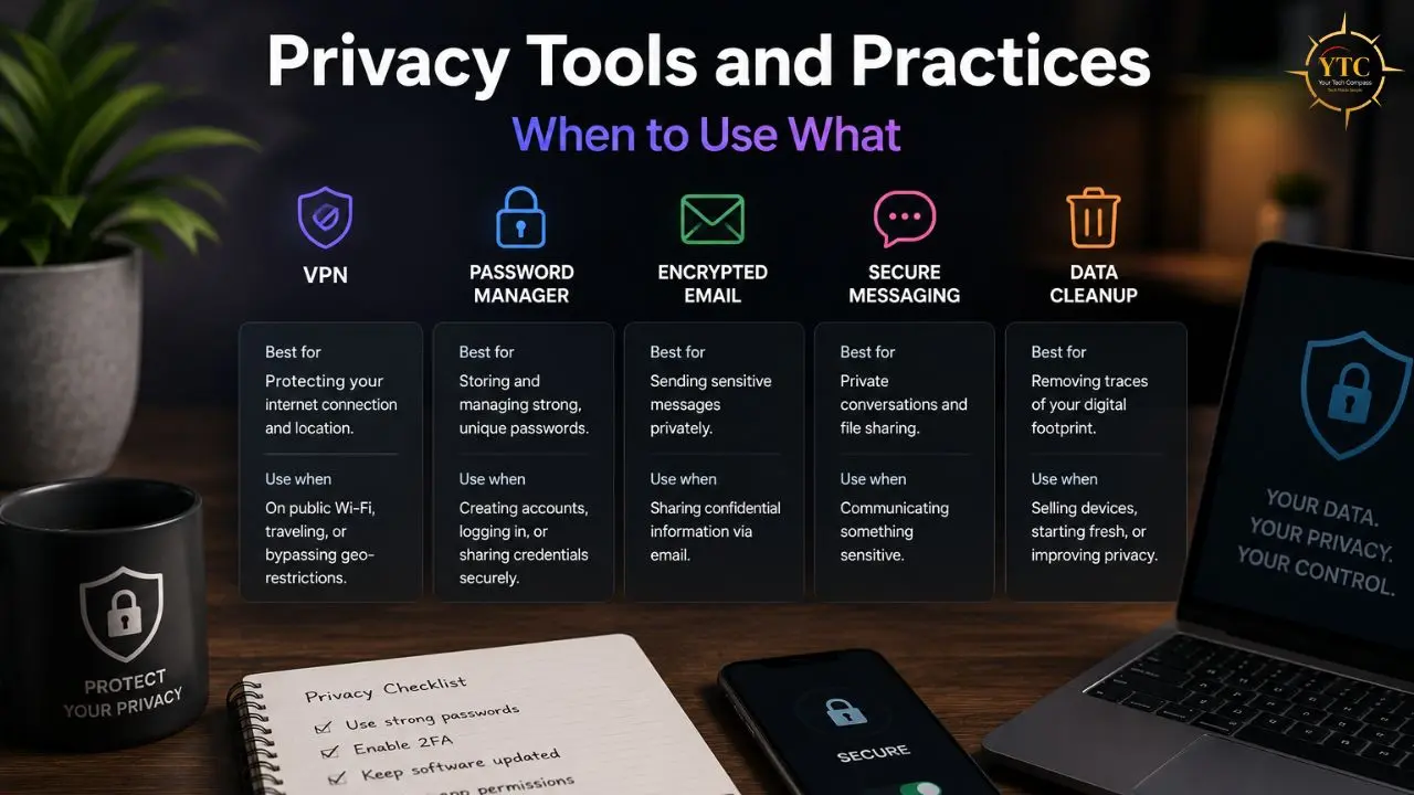 Infographic detailing privacy tools like VPN, password manager, encrypted email, secure messaging, and data cleanup, with explanations of when to use each.