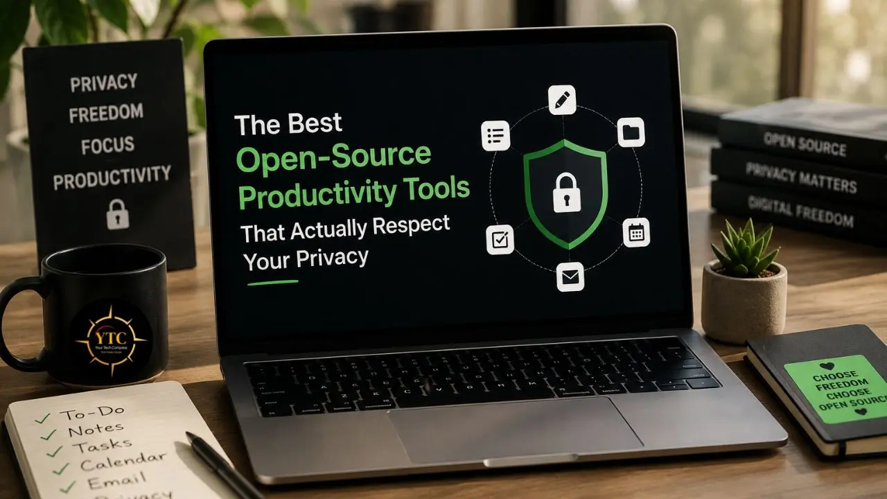 Laptop displaying "The Best Open-Source Productivity Tools That Actually Respect Your Privacy" alongside productivity-themed items.
