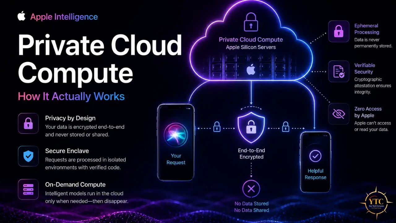 Infographic detailing Apple Intelligence Private Cloud Compute, explaining end-to-end encryption, secure enclaves, and zero-access policies.