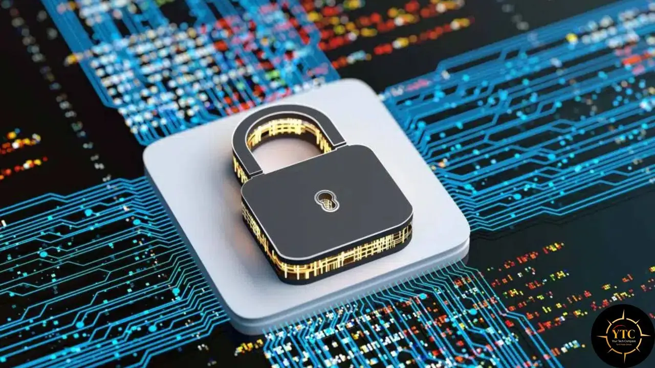 Digital padlock centered on a circuit board with glowing blue lines and binary code.