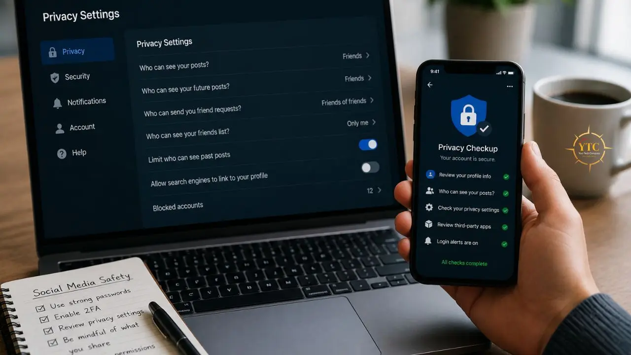 Person holding a smartphone showing a privacy checkup next to a laptop displaying privacy settings and a notebook with social media safety tips.