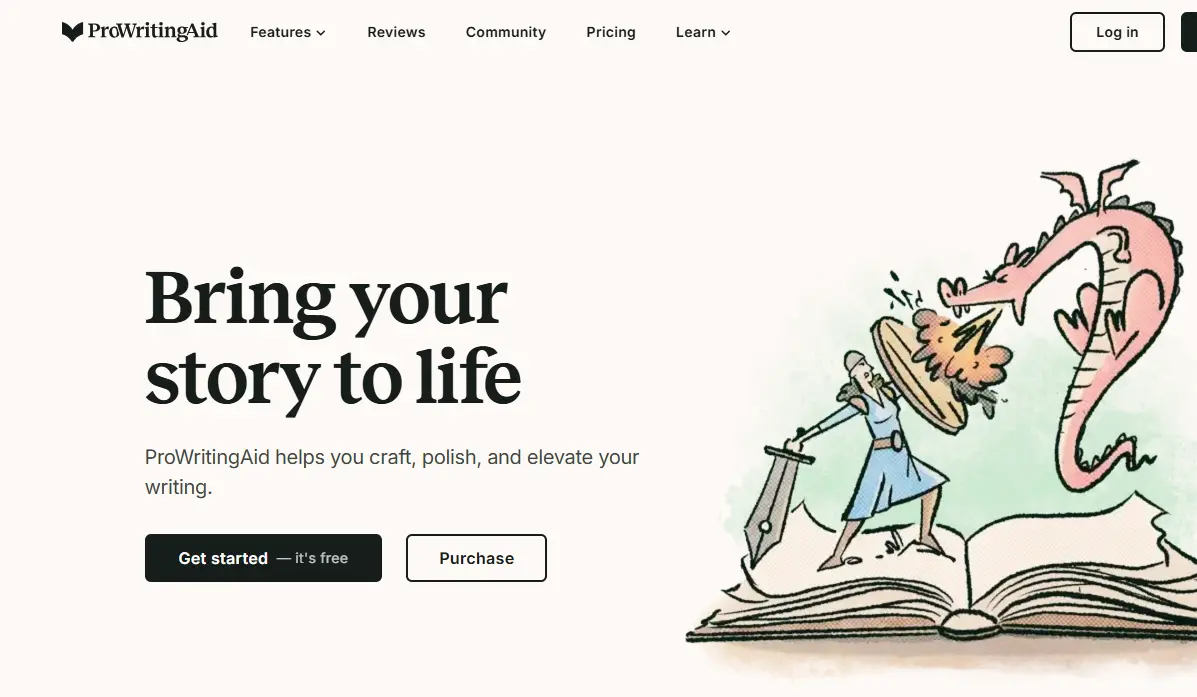 Illustration of a knight defending against a dragon emerging from an open book on the ProWritingAid website.