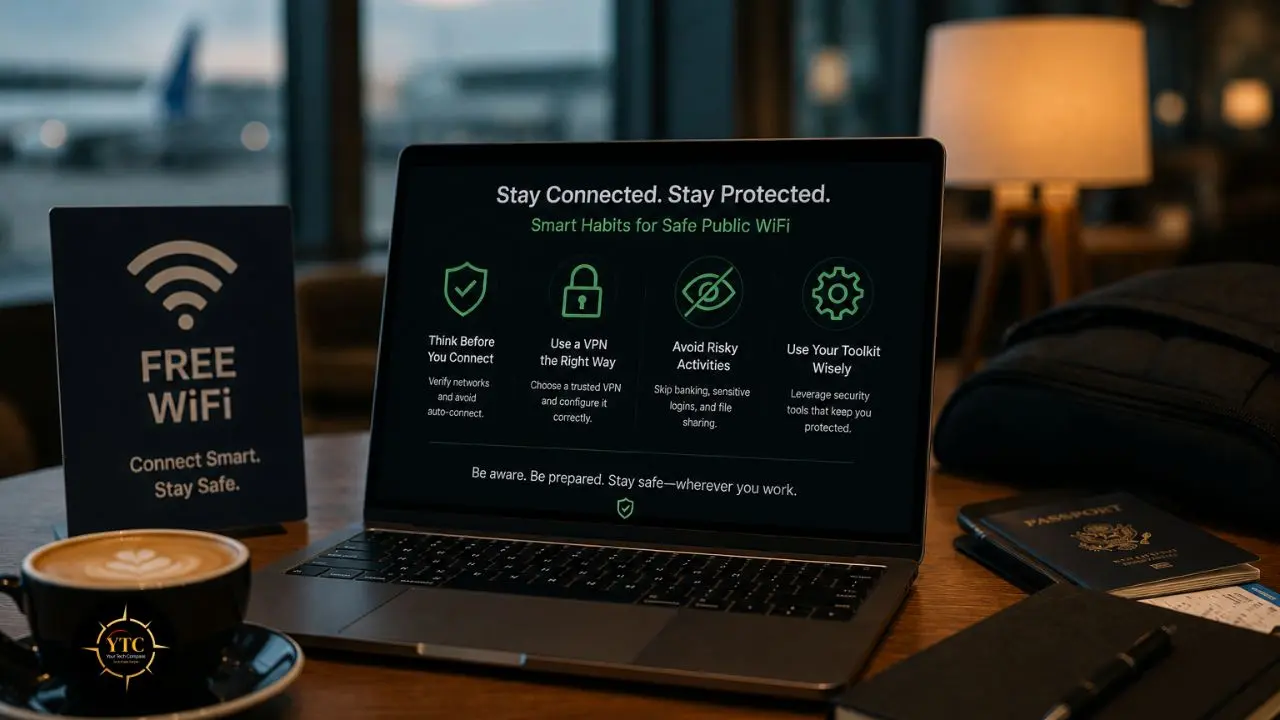 Laptop displaying tips for safe public WiFi near a "Free WiFi" sign, coffee, and a passport.