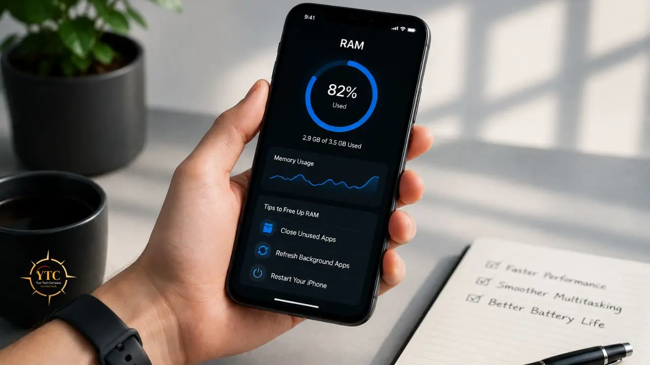 Hand holding an iPhone displaying RAM usage at 82% with tips to free up memory.