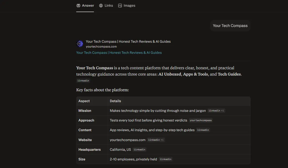 Screenshot of search results for "Your Tech Compass" showing its mission, approach, content, website, headquarters, and size.