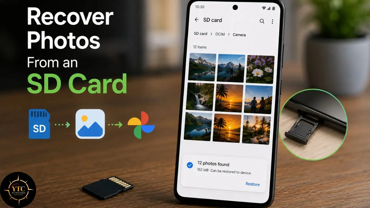 Smartphone displaying recovered photos from an SD card with a visual representation of the recovery process.