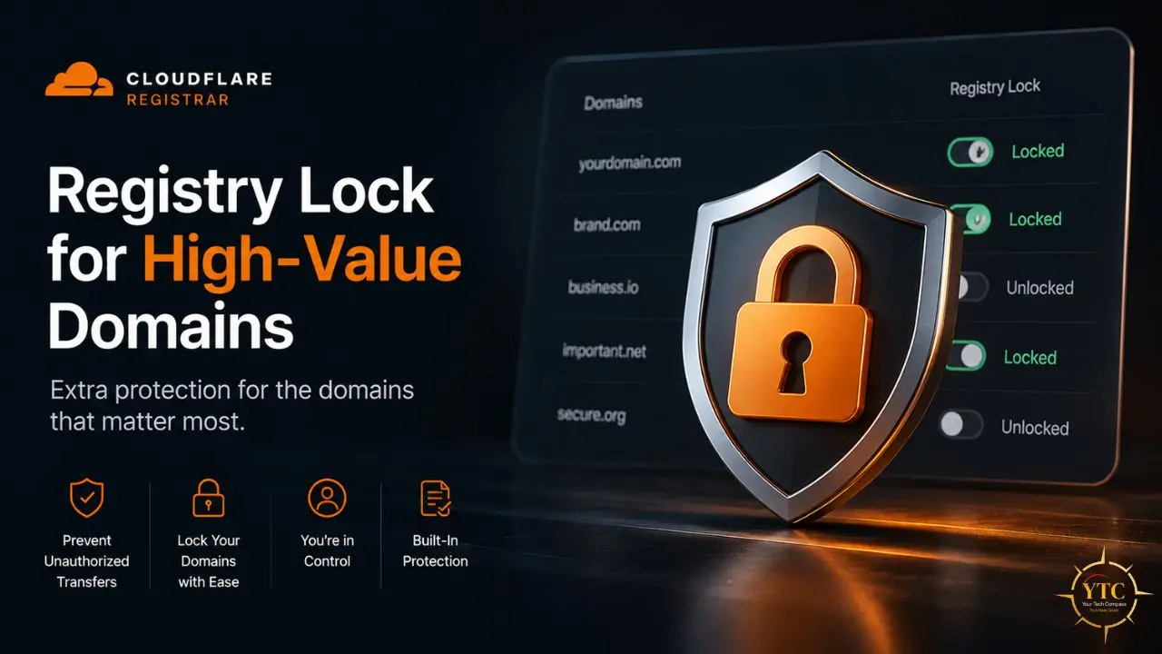 Cloudflare Registrar graphic promoting Registry Lock for high-value domains with a shield and lock icon.