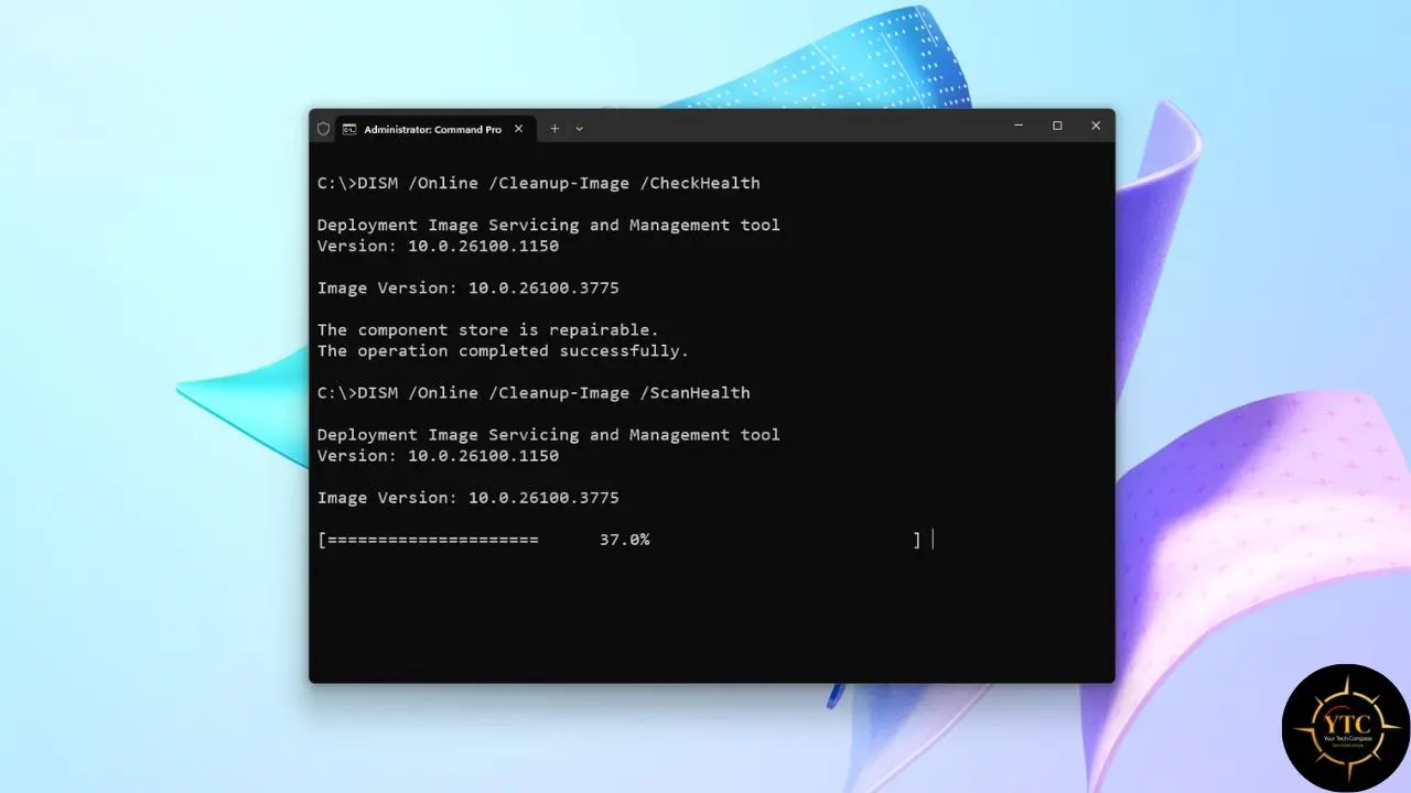 Administrator Command Prompt window displaying DISM commands for checking and scanning Windows image health, showing successful completion and a progress bar.