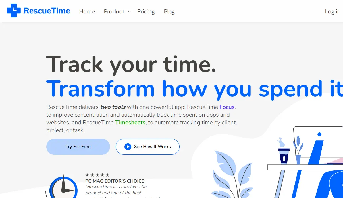 RescueTime website landing page with headline "Track your time. Transform how you spend it." and calls to action.