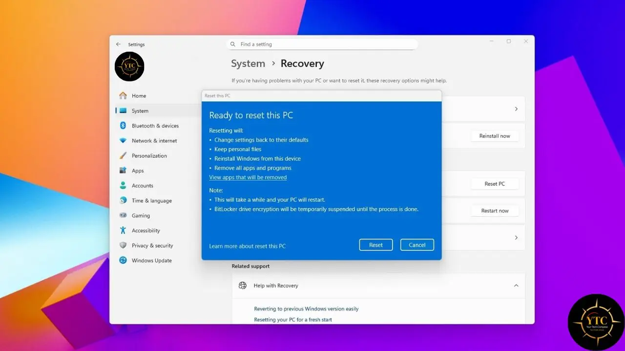 Windows 11 PC settings showing the "Ready to reset this PC" screen with options to reset or cancel.