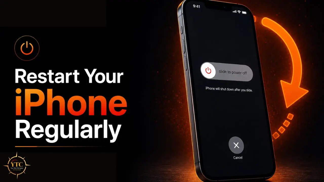 A black iPhone screen displays the "slide to power off" prompt with a graphic and text encouraging users to "Restart Your iPhone Regularly".