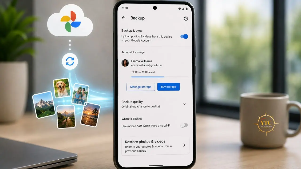 Smartphone displaying Google Photos backup settings with cloud and photo icons.