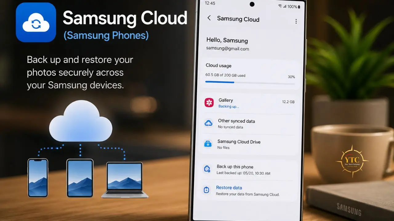 Promotional graphic for Samsung Cloud showing device icons connected to a cloud icon and a screenshot of the Samsung Cloud app interface.